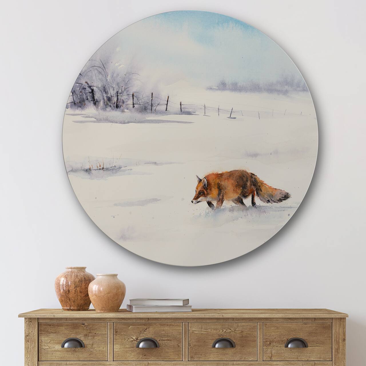 Designart - Red Fox Running In White Snow I - Farmhouse Metal Circle Wall Art